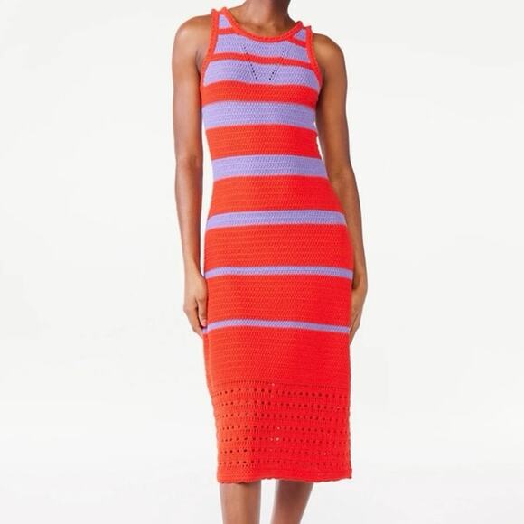 Scoop size L Crochet Orange-Red and Lavender Purple Striped Midi Dress - Picture 1 of 14